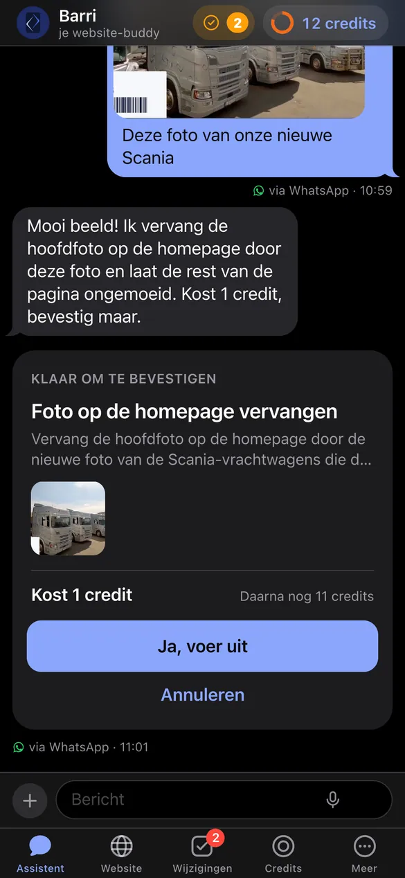 Barri in het portaal: een voorstel dat 1 credit kost, met de knop Ja, voer uit